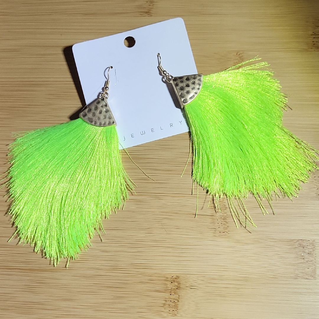 Lime Green Tassel Earrings With Silver Accents